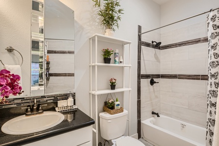 Bathroom with toilet, sink, shower and tub