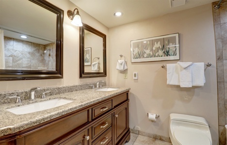 Nicely updated bathroom with double sinks.