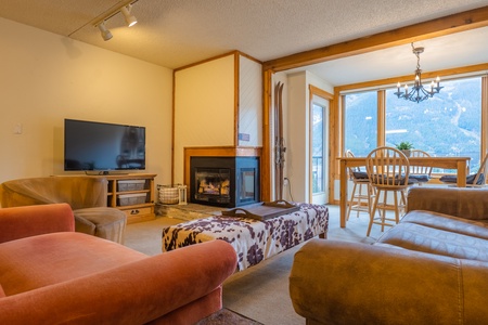 Cozy living room area featuring fireplace and TV.