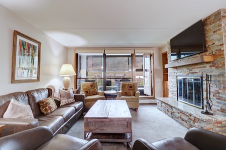 Cozy living room features a queen sleeper sofa, fireplace, and TV.