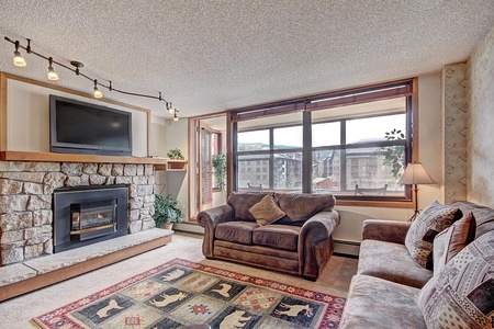 Living room features a fireplace and TV