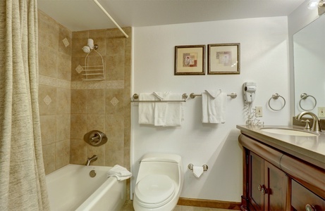 A bathroom with a bathtub and shower, toilet, large mirror, and a vanity with a sink. Towels hang on a rail above the toilet, and framed pictures are on the wall. A hairdryer is mounted near the sink.