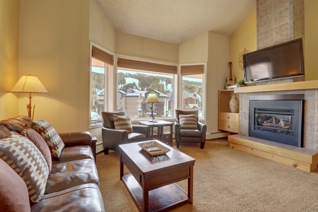 Bright living room offers a fireplace, large windows, and TV.