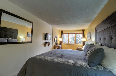 A cozy bedroom features a large bed with gray bedding, a wall-mounted TV, a rectangular mirror, two bedside lamps, and a window with a view outside.