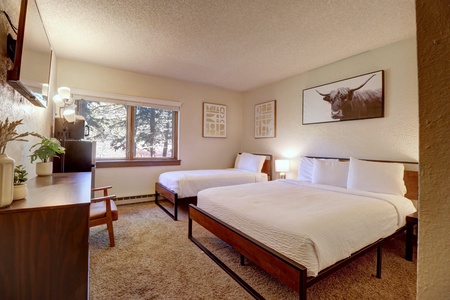 Hotel room features a twin bed and queen bed.