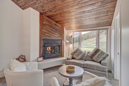 Relax in the cozy living room by the fireplace with great views of East Village ski slopes below.