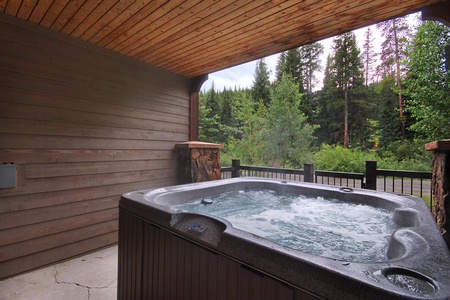 An outdoor hot tub on a covered patio with a view of a wooded area and trees in the background.