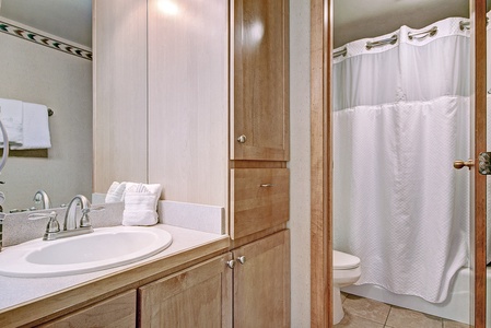 Bathroom with vanity area and separate toilet/shower room.