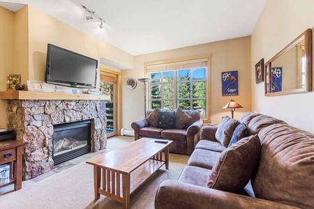 Cozy living room offering fireplace, patio, and windows bringing in natural light.