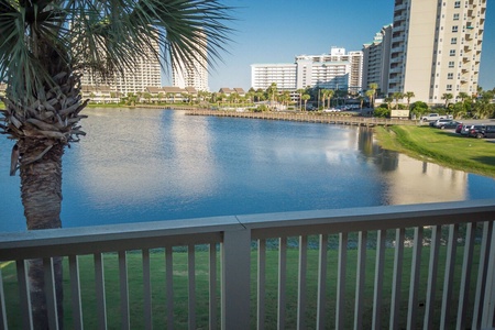 View of the lake from the second floor master bedroom balcony.