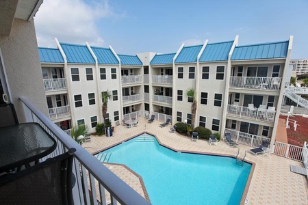 View of the pool from the balcony.