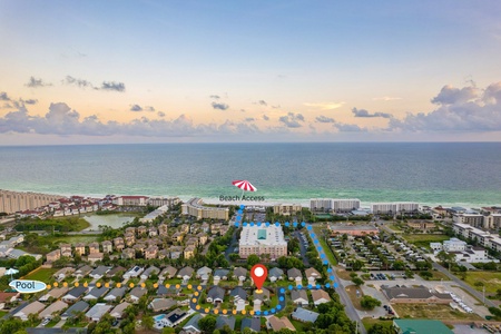 The pool is just around the corner from the house—turn right and follow the path. For the beach, walk straight down the street and cross Scenic Gulf Drive to reach the marked access point. Both are just a short stroll away!