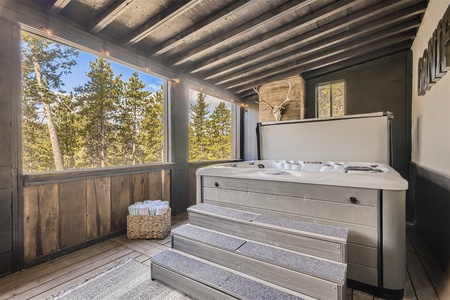 The hot tub will be ready for you after a full day of hiking or biking. This space is covered, includes an infrared sauna, but is open to the outdoors and the perfect spot to relax and enjoy the views. Hot tub and sauna towels included.