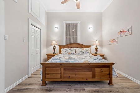 Back bedroom with king size bed, 2 closets, and direct bathroom access.