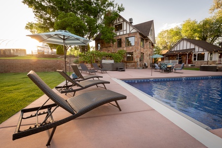 Lovely heated saltwater pool with plenty of seating