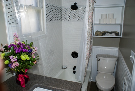 Makeup counter and mirror area in bathroom