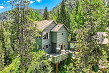 A green two-story house with a large balcony is nestled among dense, tall trees in a mountainous area under a blue sky with scattered clouds.