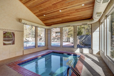 Indoor whirlpool spa with tiled walls and wood-paneled ceiling, overlooking an outdoor pool area through large windows.