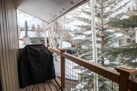 A snow-covered view of a residential area with trees, seen from a wooden balcony that has a covered grill.