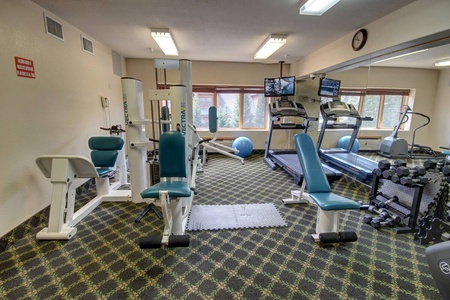 A small gym with various workout equipment including treadmills, weight machines, dumbbells, and a blue exercise ball. The room has fluorescent lighting and a patterned carpet.