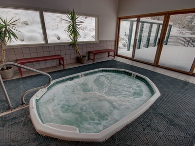 Indoor hot tub with bubbling water, surrounded by tiled flooring, two plants, and two benches. Large windows and glass doors offer a snowy outdoor view.