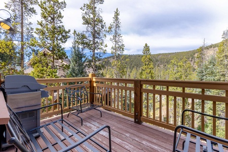 A wooden deck with outdoor furniture overlooks a dense forested area. A barbecue grill is positioned on the left side of the deck. Trees and hills are visible in the background under a partly cloudy sky.