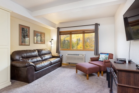 A tidy living room with a brown leather couch, an armchair with a matching ottoman, wall-mounted TV, and a window with a scenic outdoor view.