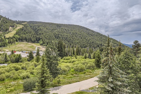 A scenic view of a lush, green mountainous landscape under a cloudy sky, featuring a few structures and a road amid dense forest and open meadows.