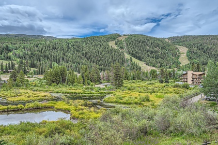 A lush green landscape with a mix of wetlands and forested hills under a partly cloudy sky, with a distant building visible on the right.