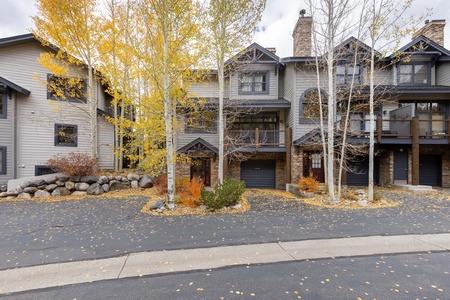 A row of two-story homes in autumn with yellow-leaved trees in front. The homes have garages, balconies, and a stone chimney. Fallen leaves are scattered on the road and sidewalk.