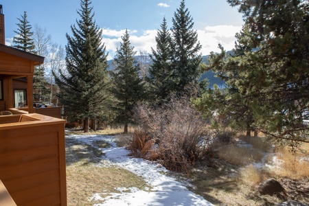 A view of a backyard featuring snow patches on the ground, surrounded by trees and a wooden fence, with mountains visible in the distance under a partly cloudy sky.