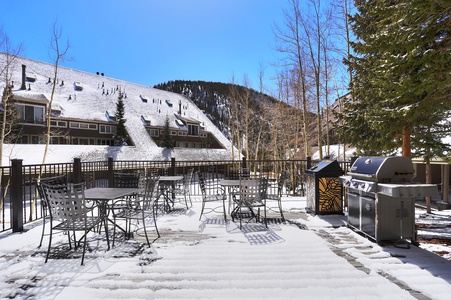 Outdoor patio with metal tables and chairs, barbecue grills, and snow-covered ground, set against a backdrop of snow-topped buildings, trees, and a mountain.