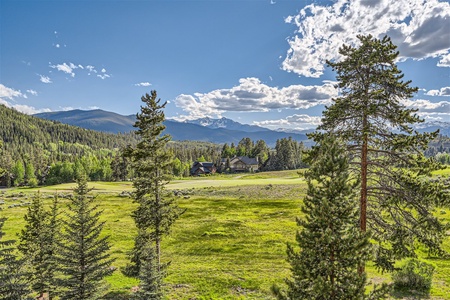 A grassy meadow with scattered pine trees in front of distant mountains under a partly cloudy blue sky. Houses are visible in the midground.