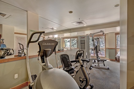 A home gym with an elliptical machine, weight machine, and exercise bike in front of a large, wall-mounted mirror. Sunlight streams in through windows with outdoor views.