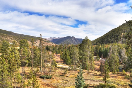 A scenic view of a mountain landscape with forested hills and patches of yellow vegetation under a partly cloudy sky.