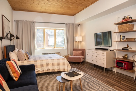 A cozy bedroom with a bed, a pink armchair, a TV on a dresser, shelves, and a rug. Large window with light curtains, wooden ceiling, and wooden floor.