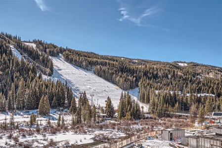 View of a snow-covered ski slope surrounded by evergreen trees with ski lift structures visible. The scene includes adjacent wooded areas and a small creek at the base of the slope.