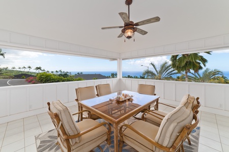 Beautiful lanai with amazing ocean and Kailua Kona town and coastline views. This area is perfect for casual dining, and even setting up your laptop to work remotely while listening to tropical birds; not to mention ocean view when glancing up Beau