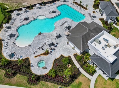 Arial view of resort pool, hot tub and lap pool