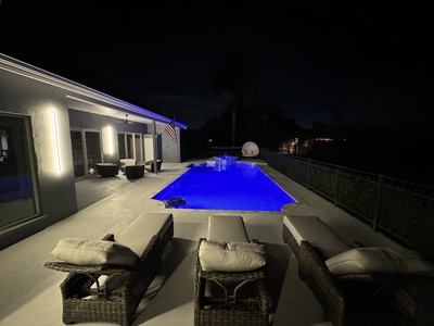 A nighttime view of swimming pool