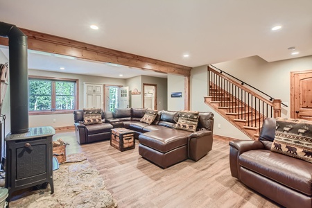 Cozy family room with wood stove, lower level.