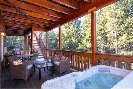 Year-round hot tub fun! Enjoy the clear starry nights and easy access to stairs that lead to upper open deck - stunning views from all levels!