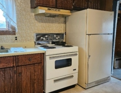 A kitchen with wood cabinets, a white refrigerator, an electric stove with oven, a range hood, and a sink under a window with a lace curtain.