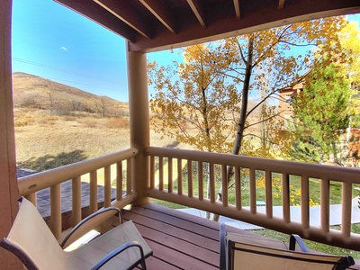 A wooden patio with two chairs