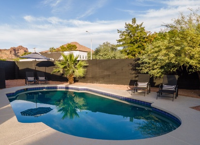 A backyard swimming pool is surrounded by a concrete patio with two lounge chairs, umbrellas, and a small palm tree against a black wall, under a clear sky.