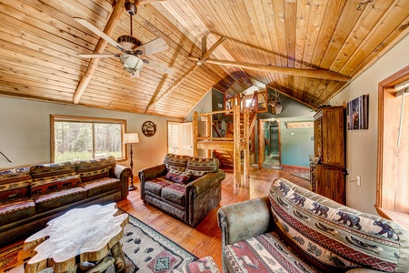 Longs Peak Cabin Estes Park, Family room with two love seats and an arm chair.