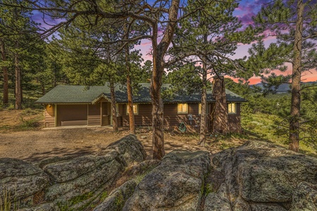 Kittery West Estes Park, Exterior of home, at twilight.