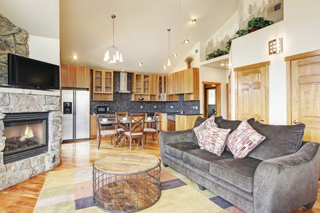 Open concept living room/kitchen with vaulted ceiling. With queen sleeper sofa, fireplace and flat screen TV