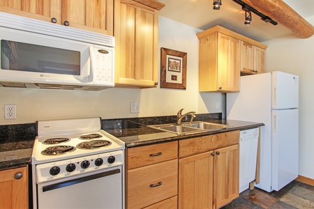 Well equipped kitchen with electric stove, microwave, dishwasher and refrigerator. 