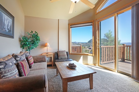 Enjoy the picturesque views from the comfy queen sleeper sofa or leather chair.  